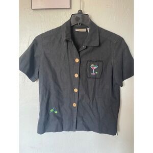Black Button-Down Short Sleeve Shirt with Cocktail Embroidery